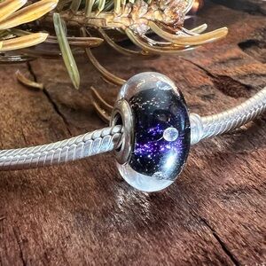 HTF Authentic Pandora Murano Midnight Blue Effervescence Glass Charm Cz Glitter